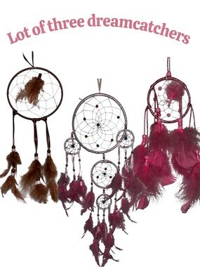 Lot of 3 Boho Dreamcatchers Pink Magenta & Brown Wall Decor Set